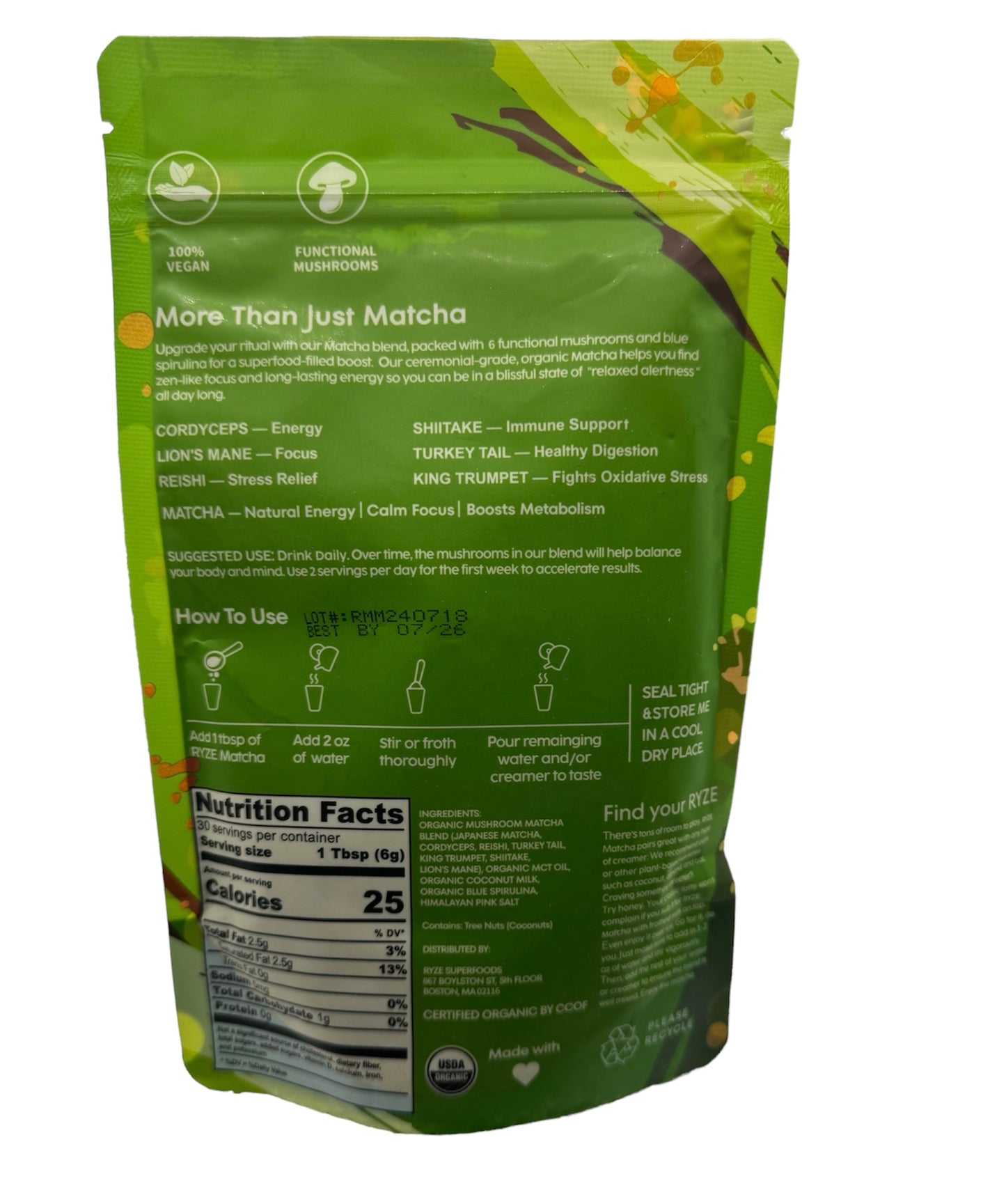 Ryze Mushroom Matcha organic 30 servings